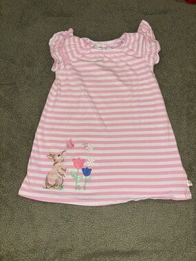 Girls' Pink Stripe Casual Dress with Bunny Embroidery